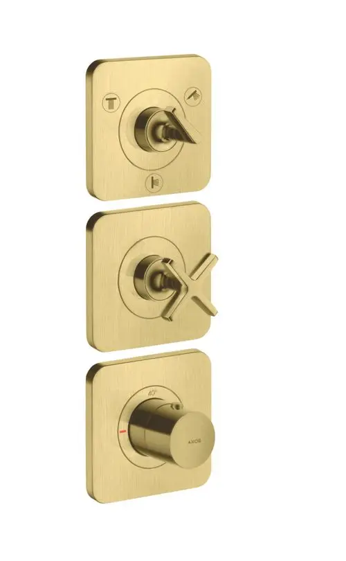 Thermostatmodul mit drei Bedienelementen in gebürstetem Messing, geeignet für Unterputzinstallation. Produkte der Marke AXOR.